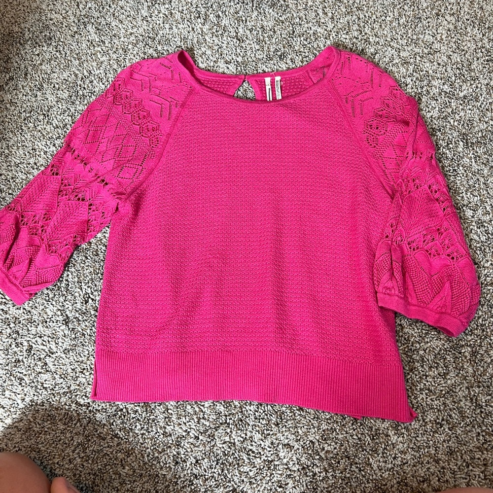 Anthropologie Hot Pink Crochet Sleeve Knit Sweater